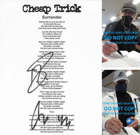 Robin Zander & Tom Petersson signed Cheap Tric Surrender Lyrics sheet COA Proof star