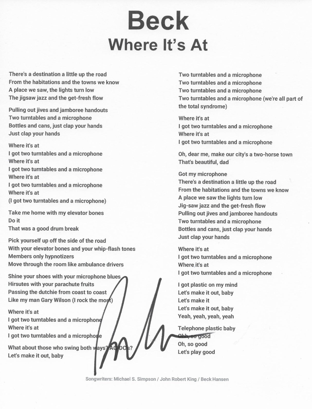 Beck Hansen signed Loser Lyrics sheet COA exact Proof autographed