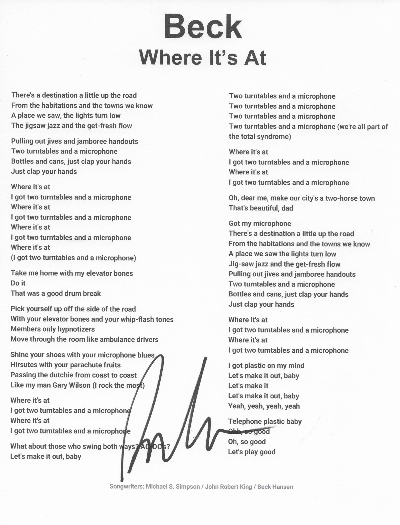 Beck Hansen signed Loser Lyrics sheet COA exact Proof autographed