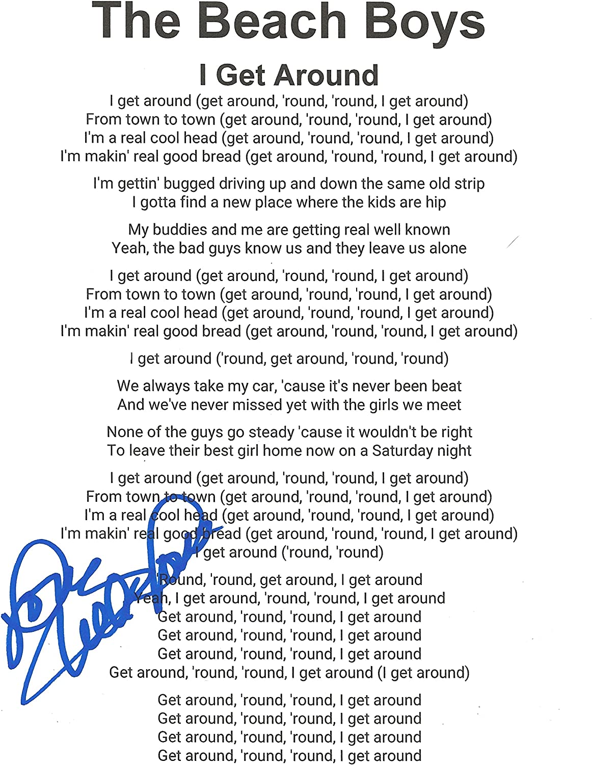 Mike Love signed Beach Boys I Get Around Lyrics sheet autograhed COA exact Proof STAR