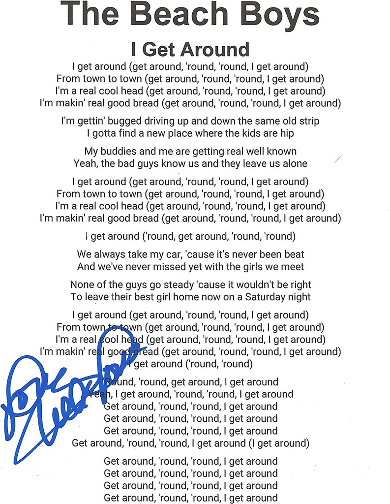 Mike Love signed Beach Boys I Get Around Lyrics sheet autograhed COA exact Proof STAR