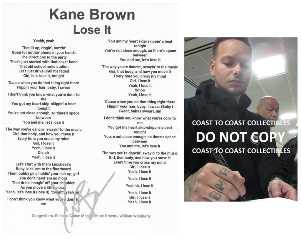 Kane Brown signed Lose It Lyrics sheet COA exact Proof autographed