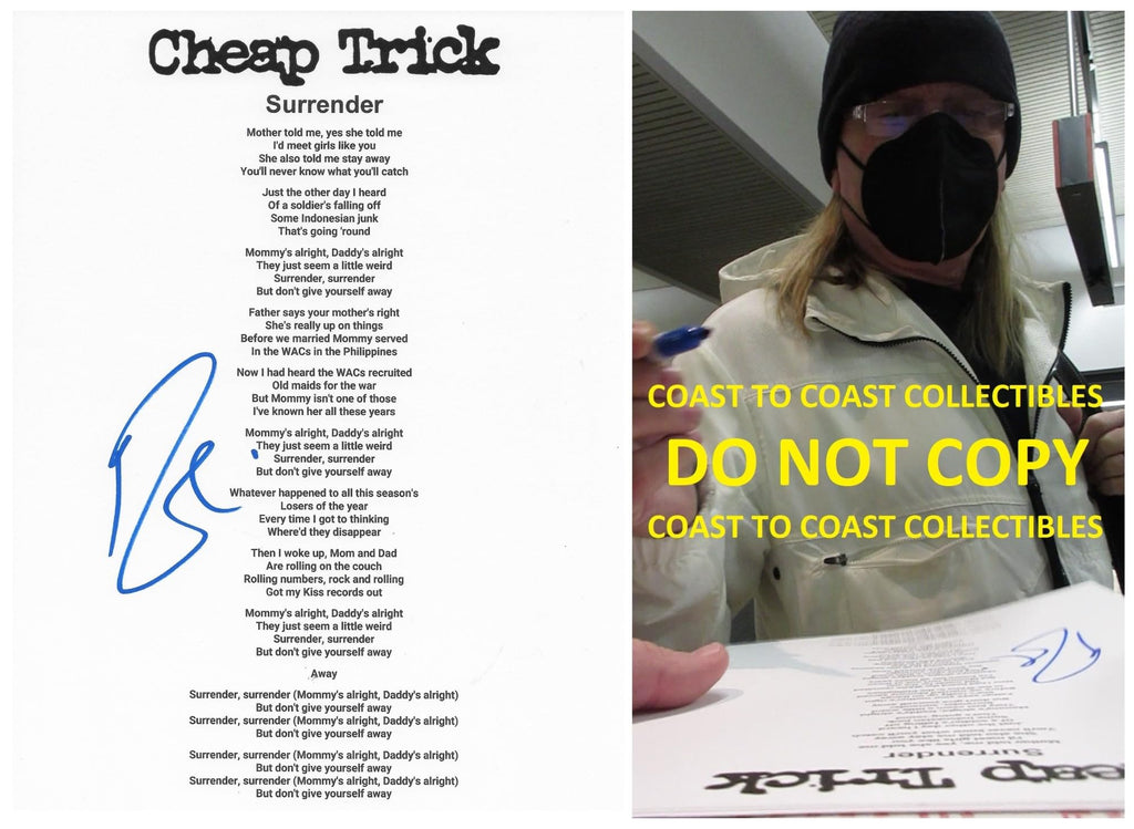 Robin Zander signed Cheap Trick Surrender Lyrics sheet COA Proof autographed star