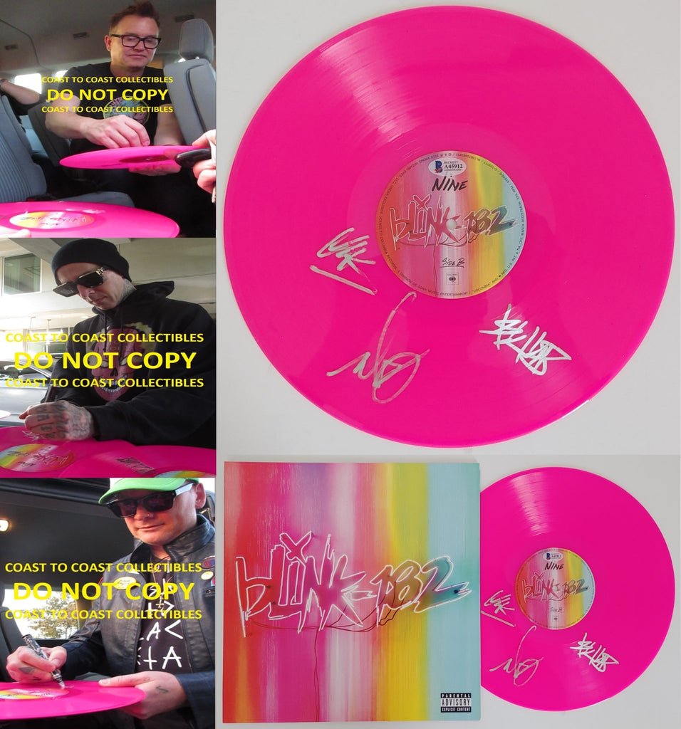 Mark Hoppus Travis Barker Matt Skiba signed Blink 182 Nine vinyl proof Beckett STAR
