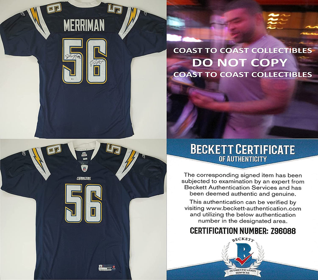Shawne Merriman signed San Diego Chargers football jersey proof Beckett COA autographed