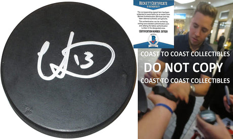 Cam Atkinson Flyers Blue Jackets signed Hockey puck proof Beckett COA autographed