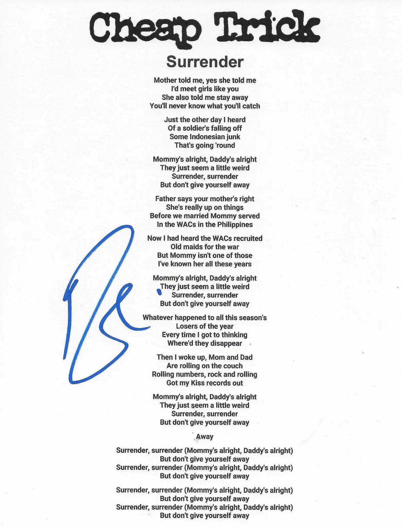 Robin Zander signed Cheap Trick Surrender Lyrics sheet COA Proof autographed star