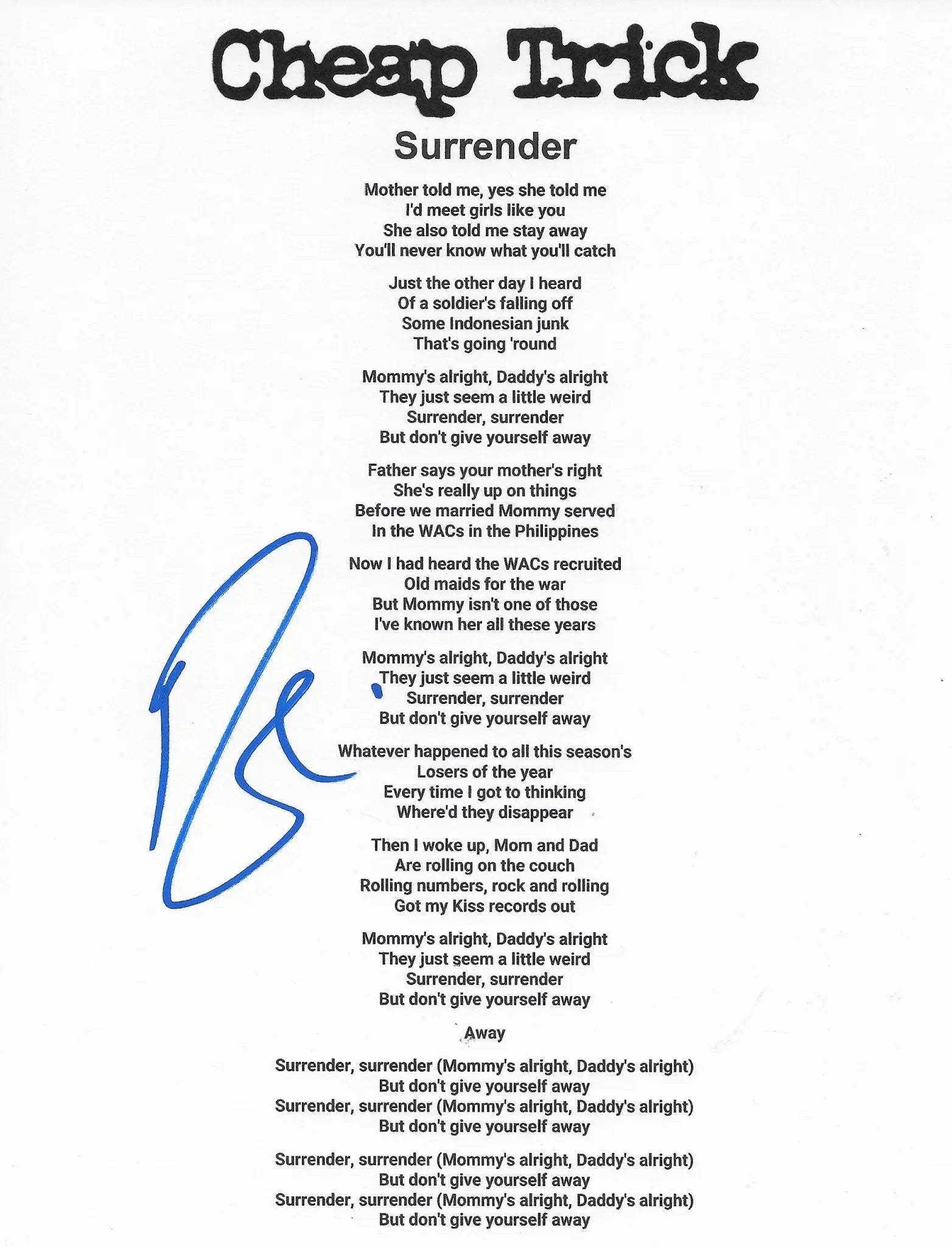 Robin Zander signed Cheap Trick Surrender Lyrics sheet COA Proof autographed star