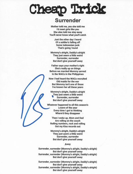 Robin Zander signed Cheap Trick Surrender Lyrics sheet COA Proof autographed star