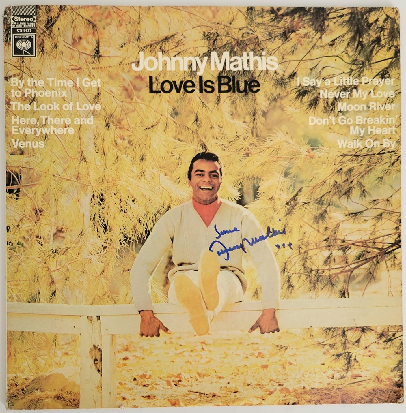 Johnny Mathis signed Love is Blue album, vinyl COA exact proof autographed STAR