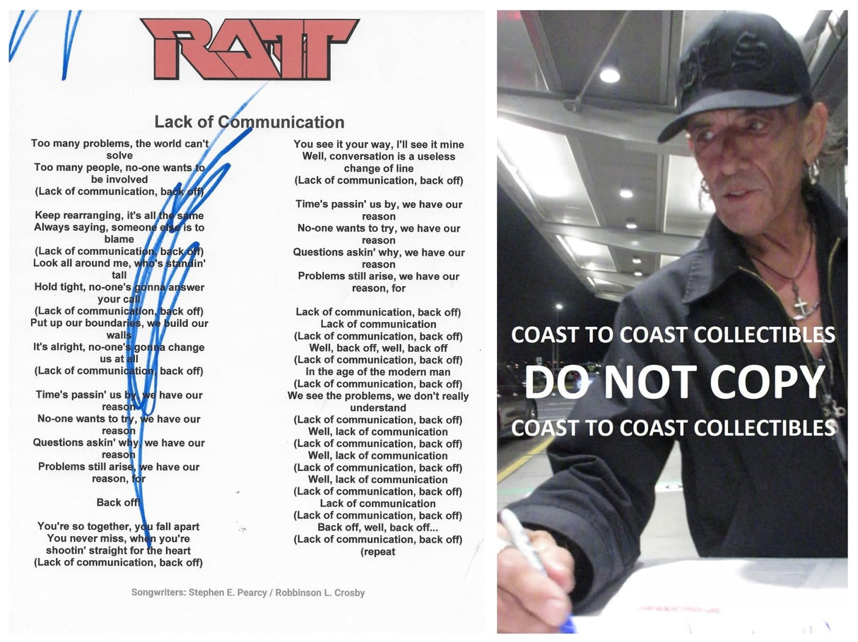 Stephen Pearcy Signed Ratt Lack of Communication Lyrics Sheet Proof COA Autographed