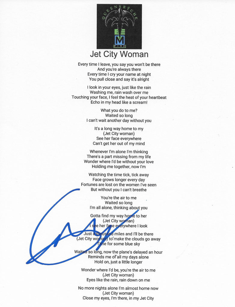 Geoff Tate signed Queesryche Jet City Woman Lyrics sheet proof COA STAR