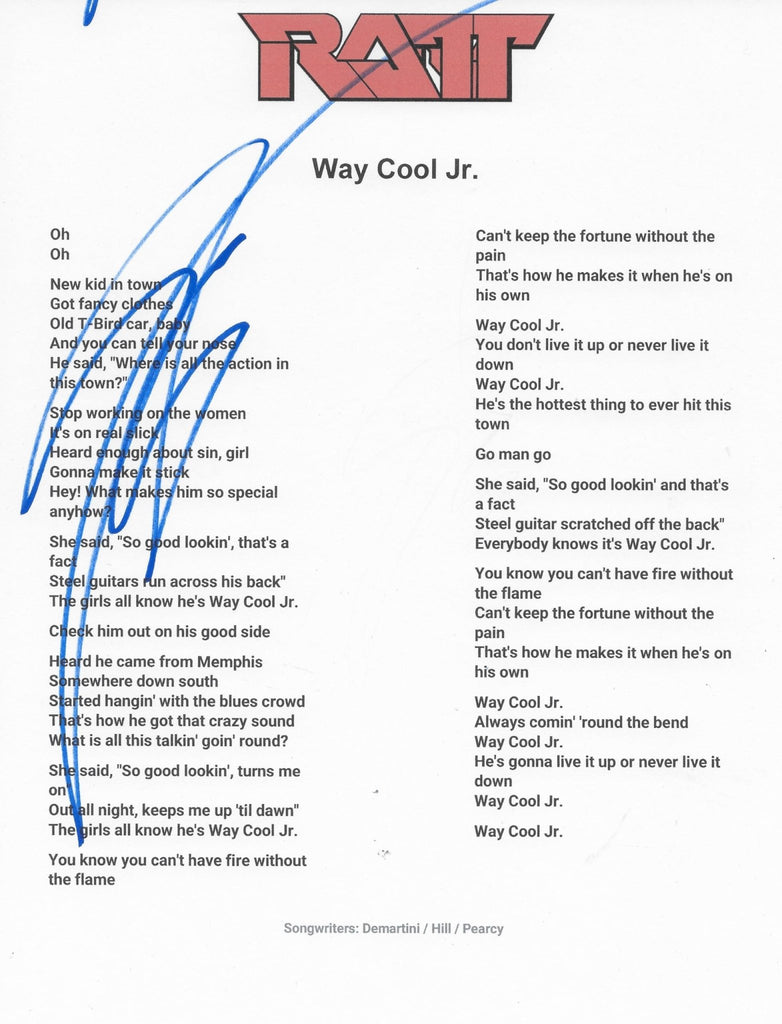 Stephen Pearcy Signed Ratt Way Cool Jr Lyrics Sheet Proof COA Autographed