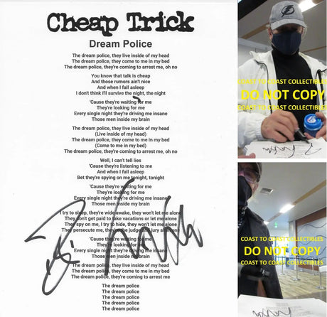 Robin Zander & Tom Petersson signed Cheap Trick Dream Police Lyrics sheet Proof star
