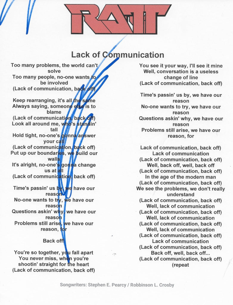 Stephen Pearcy Signed Ratt Lack of Communication Lyrics Sheet Proof COA Autographed