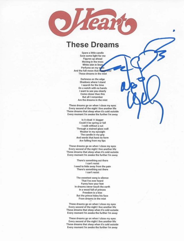 Nancy Wilson Signed Heart These Dreams Lyrics Sheet Proof COA Autographed Star