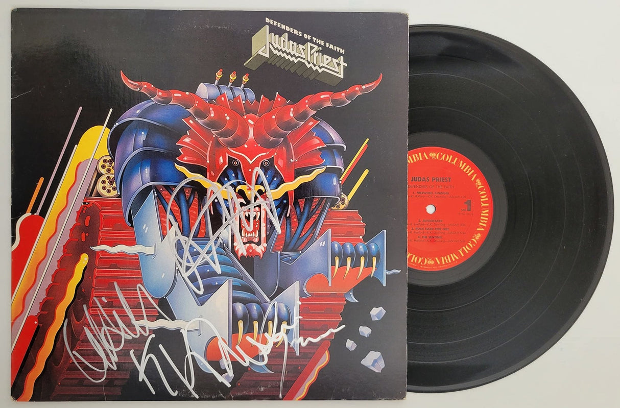 Halford Tipton Hill Downing signed Judas Priest Defenders of the Faith album COA proof star