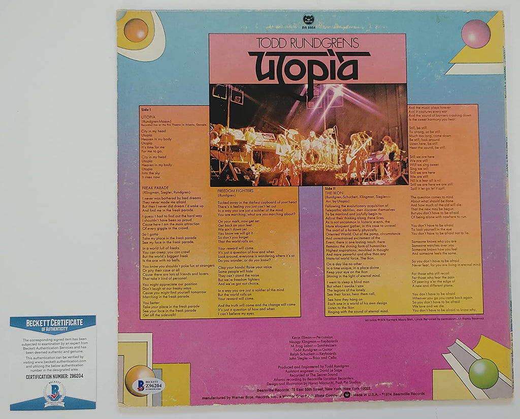 Todd Rundgren signed Utopia album vinyl record Proof Beckett COA STAR autographed