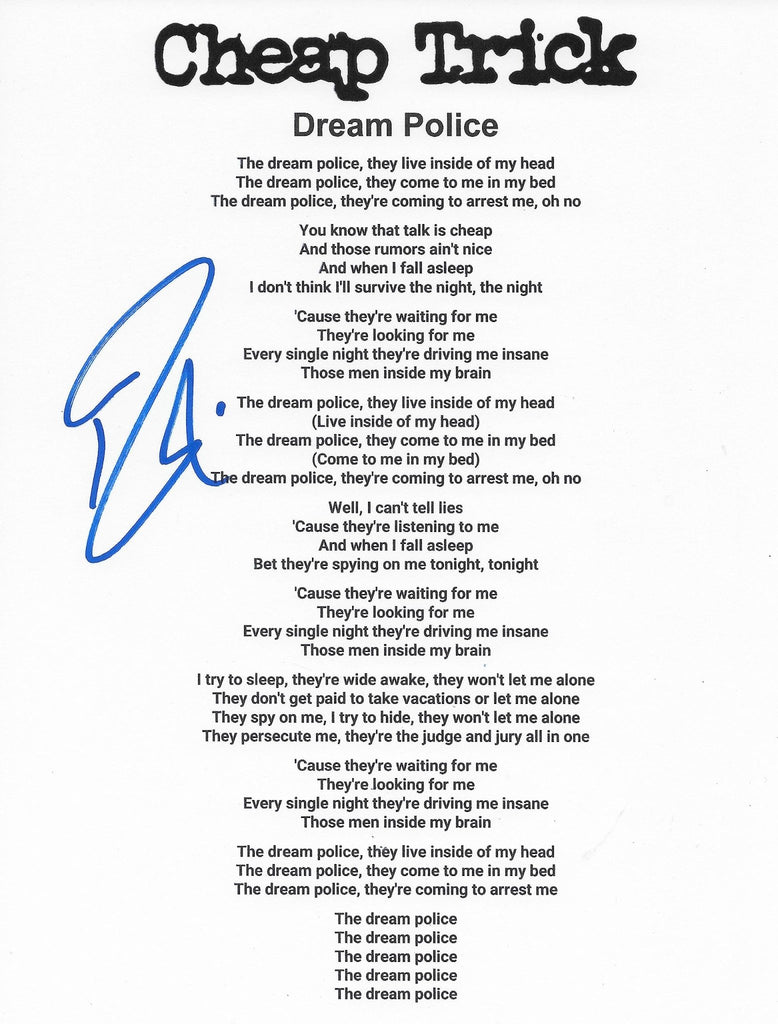Robin Zander signed Cheap Trick Dream Police Lyrics sheet COA Proof autographed star