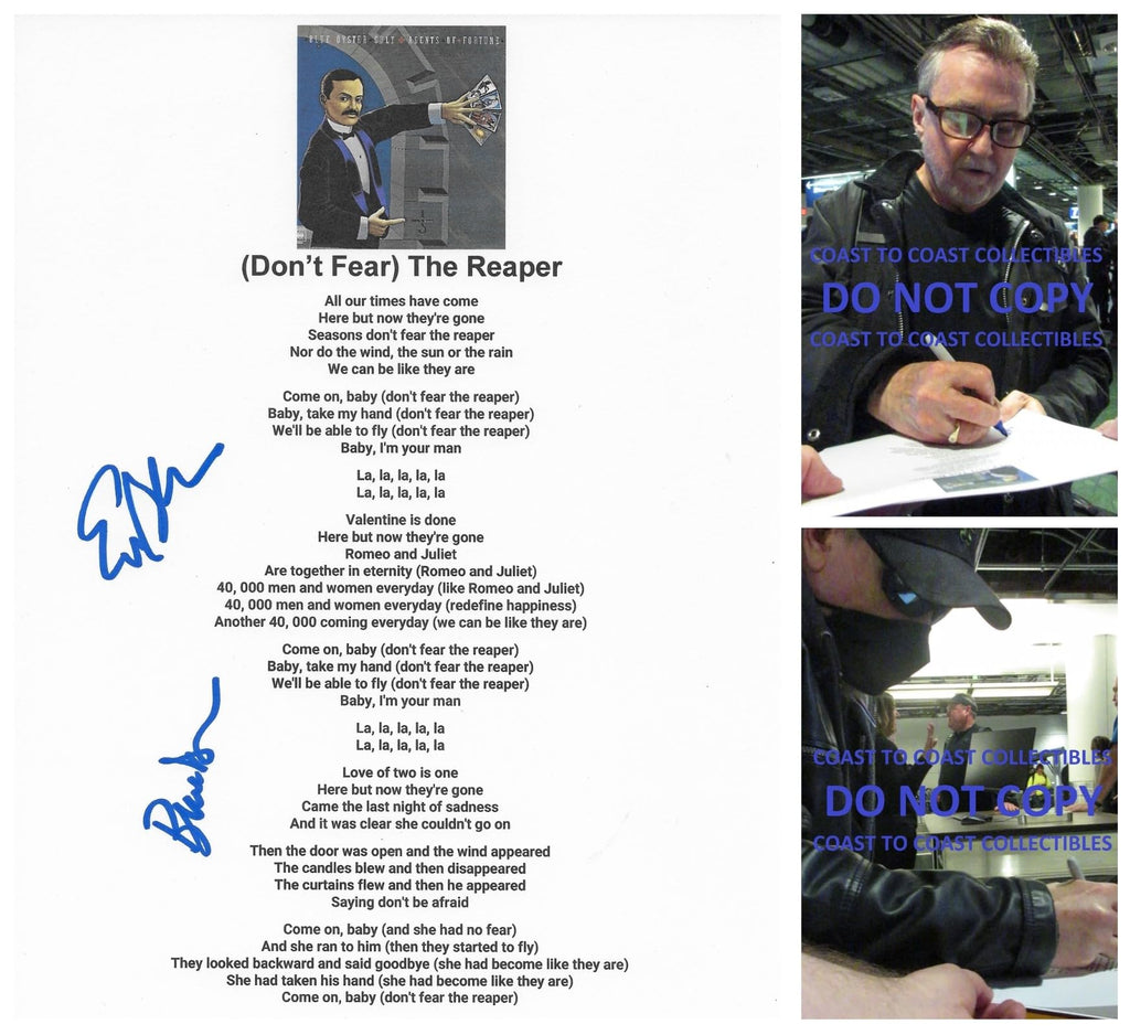 Dharma,Bloom signed Blue Oyster Cult Dont Fear The Reaper Lyrics sheet COA Proof STAR