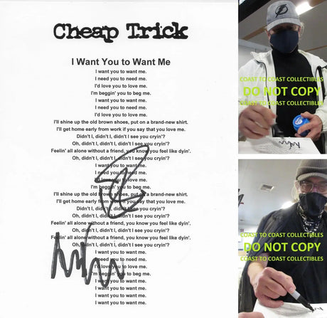 Robin Zander Tom Petersson signed Cheap Tric I Want You To Want Me Lyrics sheet Proof star