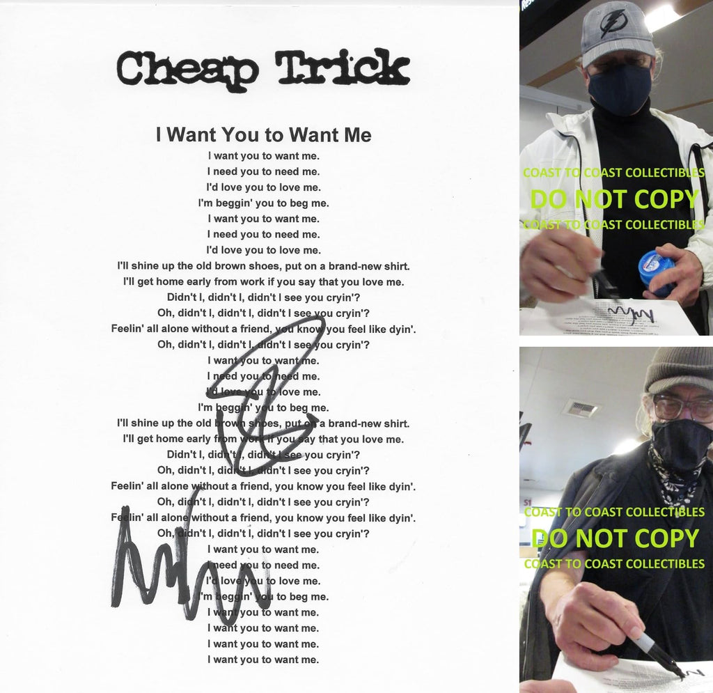 Robin Zander Tom Petersson signed Cheap Tric I Want You To Want Me Lyrics sheet Proof star