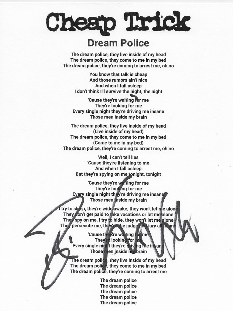 Robin Zander & Tom Petersson signed Cheap Trick Dream Police Lyrics sheet Proof star