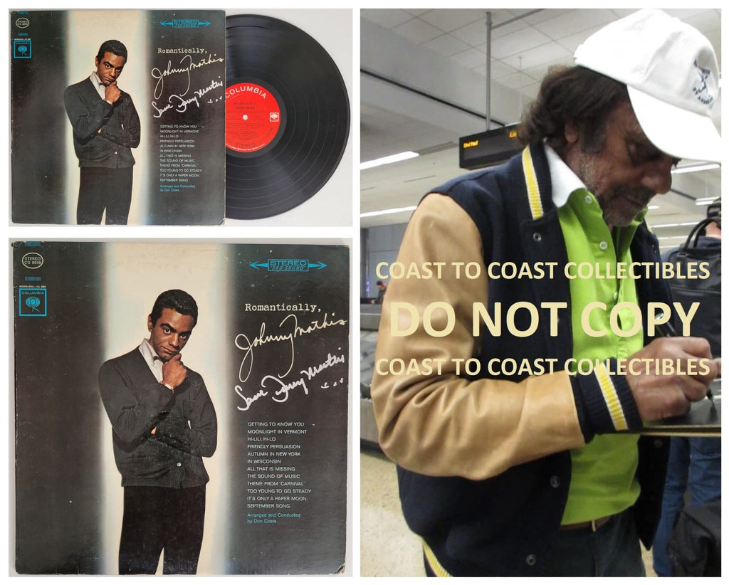 Johnny Mathis signed Romantically album, vinyl COA exact proof autographed STAR