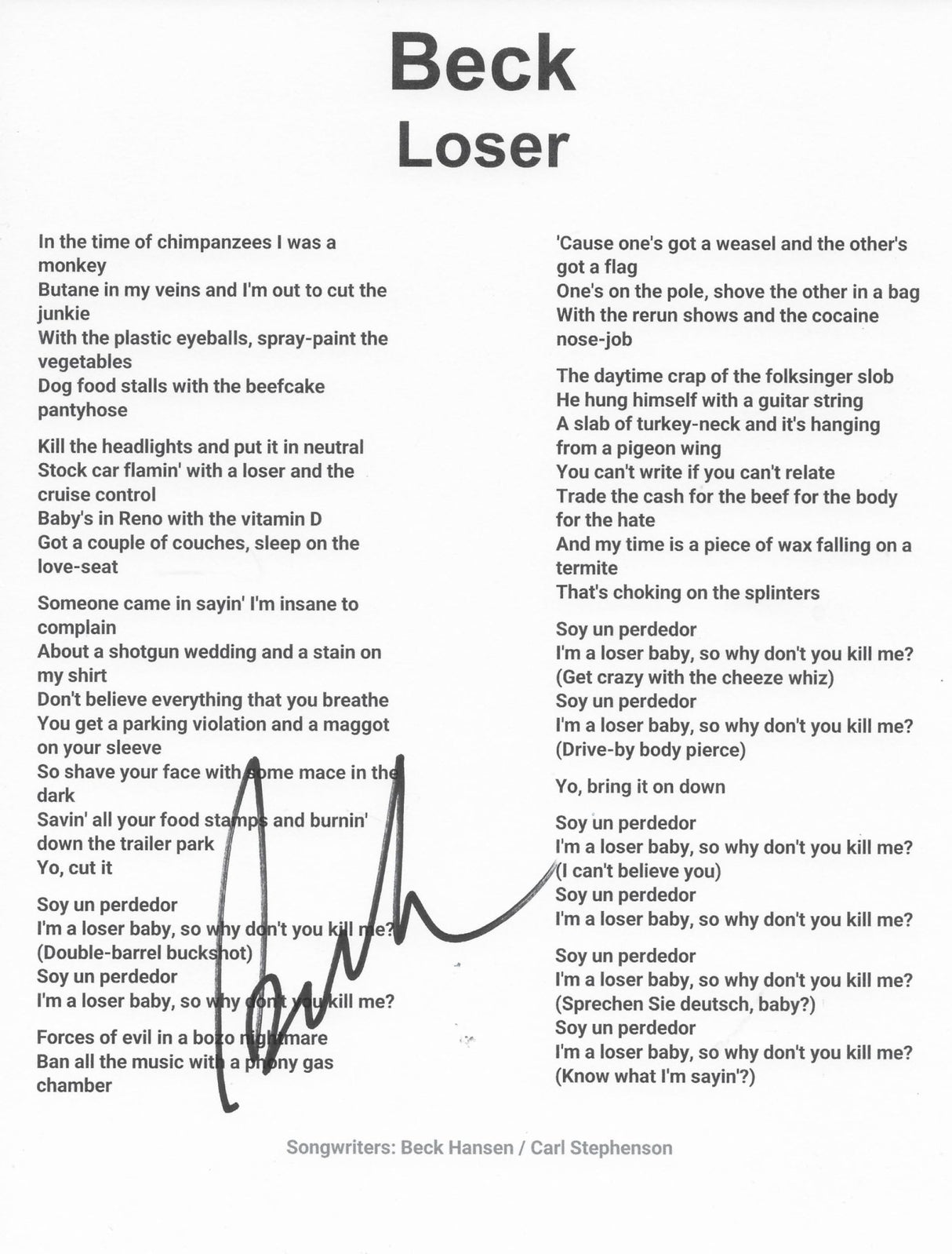 Beck Hansen signed Loser Lyrics sheet COA exact Proof autographed