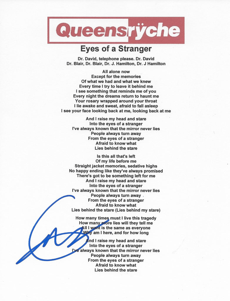 Geoff Tate signed Queesryche Eyes of a Stranger Lyrics sheet proof COA STAR