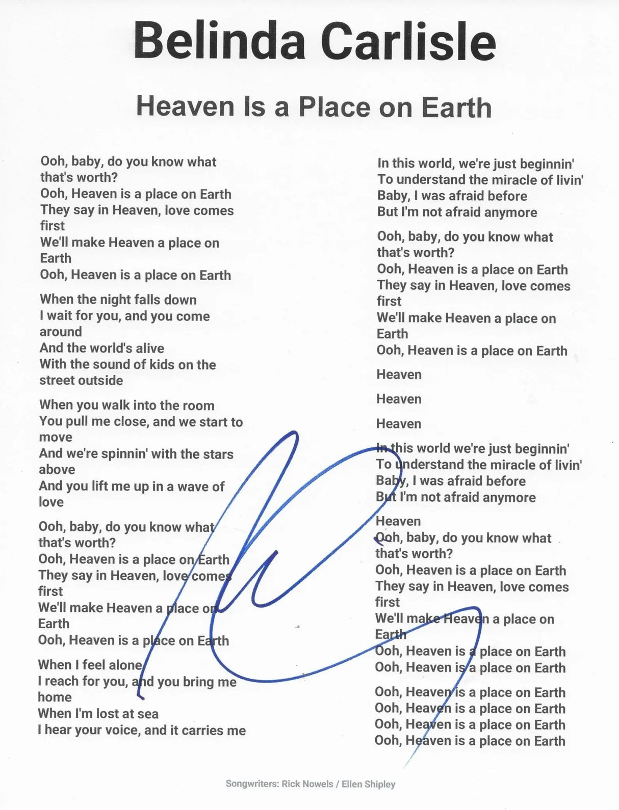 Belinda Carlisle Signed Heaven Is A Place On Earth Lyrics Sheet Proof Autographed Star