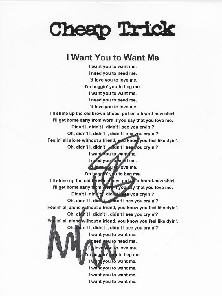 Robin Zander Tom Petersson signed Cheap Tric I Want You To Want Me Lyrics sheet Proof star