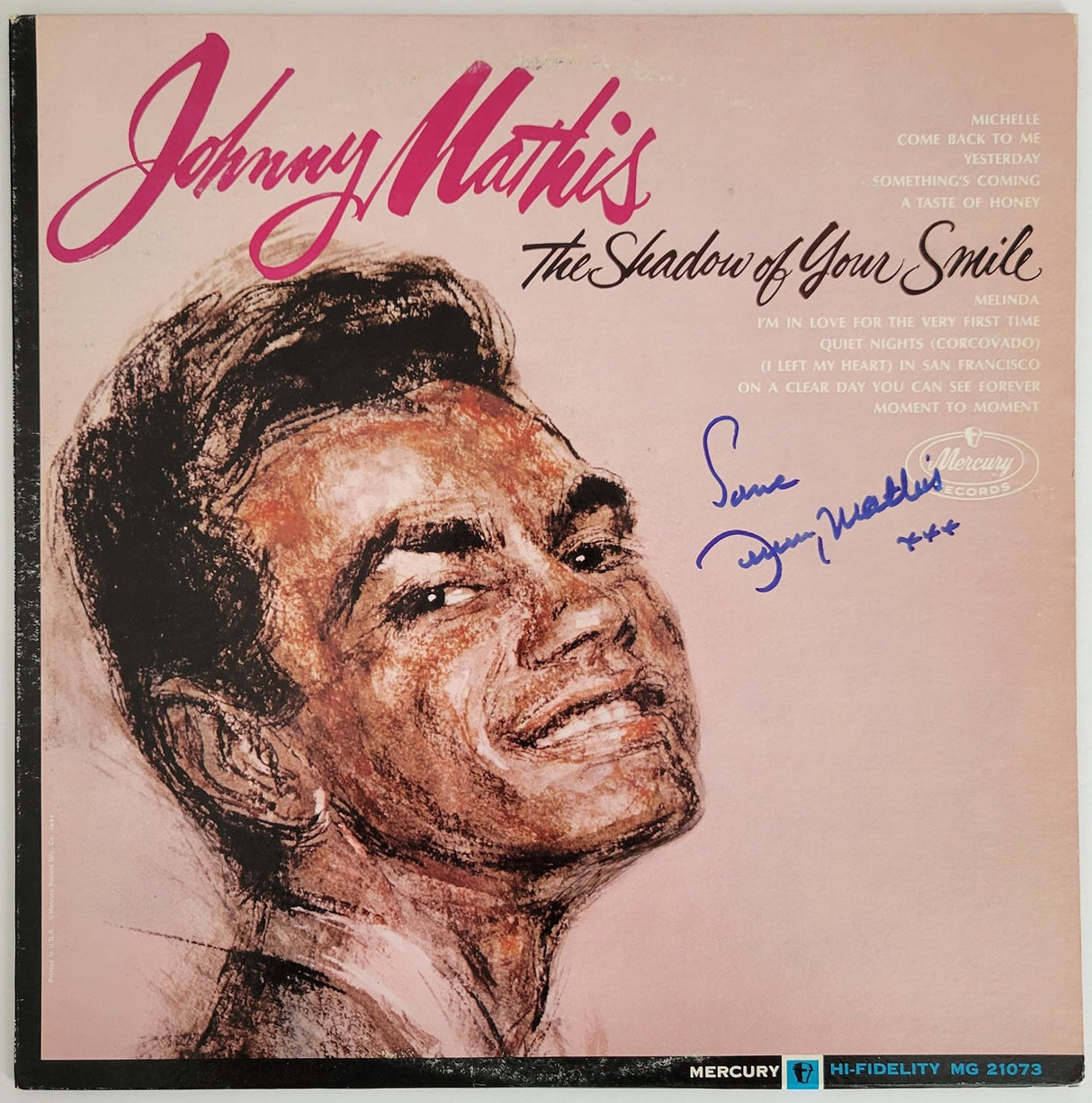Johnny Mathis signed The Shadow of your Smile album, vinyl COA exact proof autographed STAR