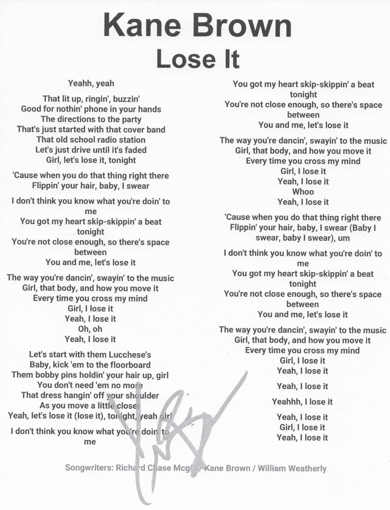 Kane Brown signed Lose It Lyrics sheet COA exact Proof autographed