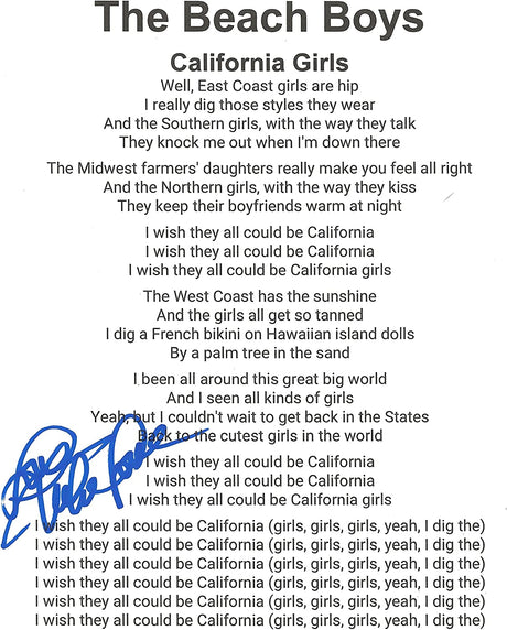 Mike Love signed Beach Boys California Girls Lyrics sheet autograhed COA Proof STAR