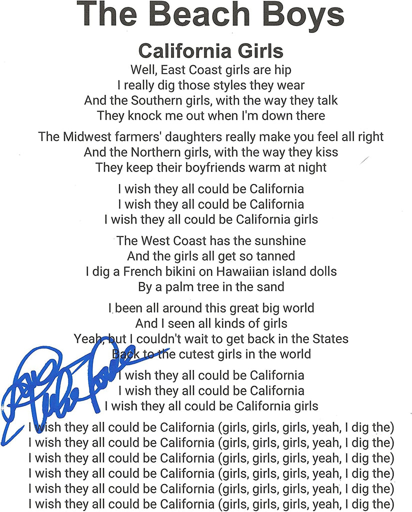 Mike Love signed Beach Boys California Girls Lyrics sheet autograhed COA Proof STAR