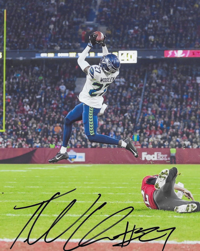 Tariq Woolen signed Seattle Seahawks football 8x10 photo proof COA autographed
