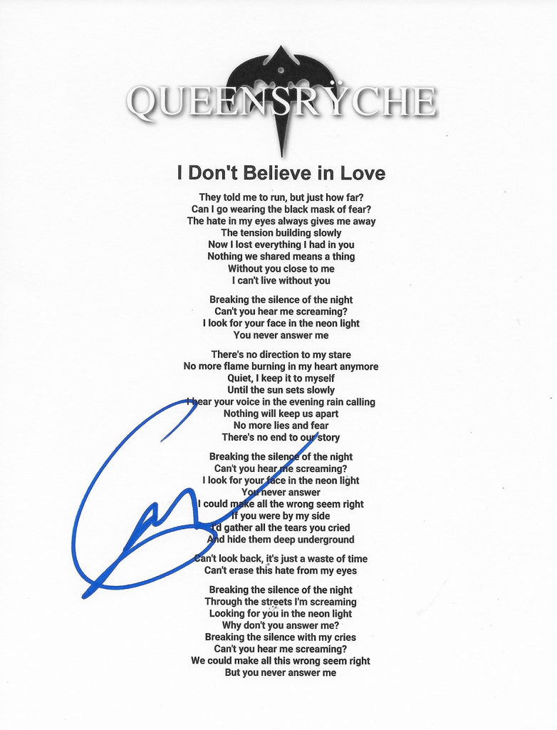 Geoff Tate signed Queesryche I Dont Believe in Love Lyrics sheet proof STAR