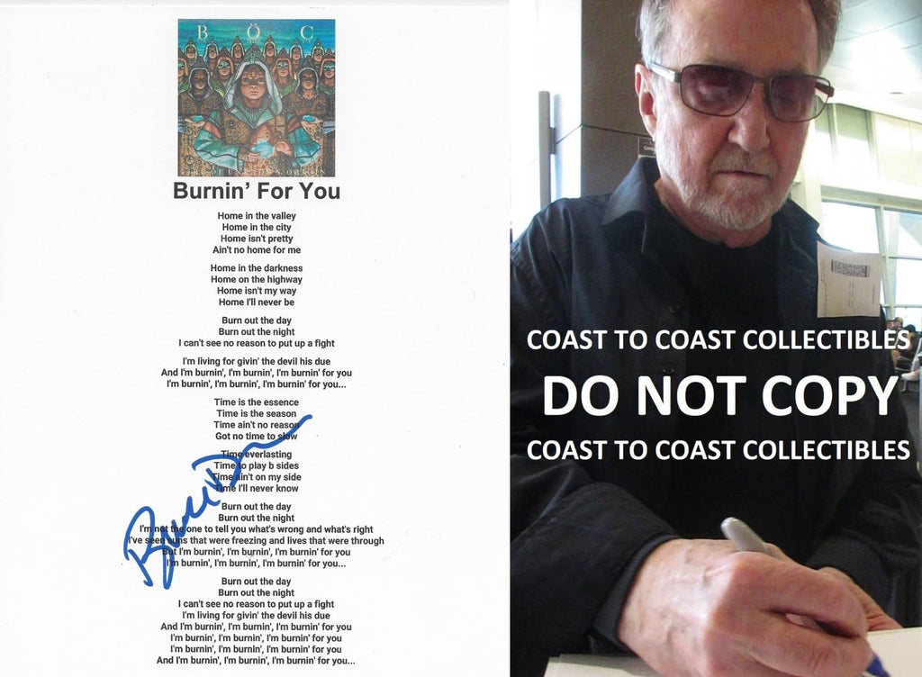 Buck Dharma signed Blue Oyster Cult Burnin For You Lyrics sheet COA Proof STAR