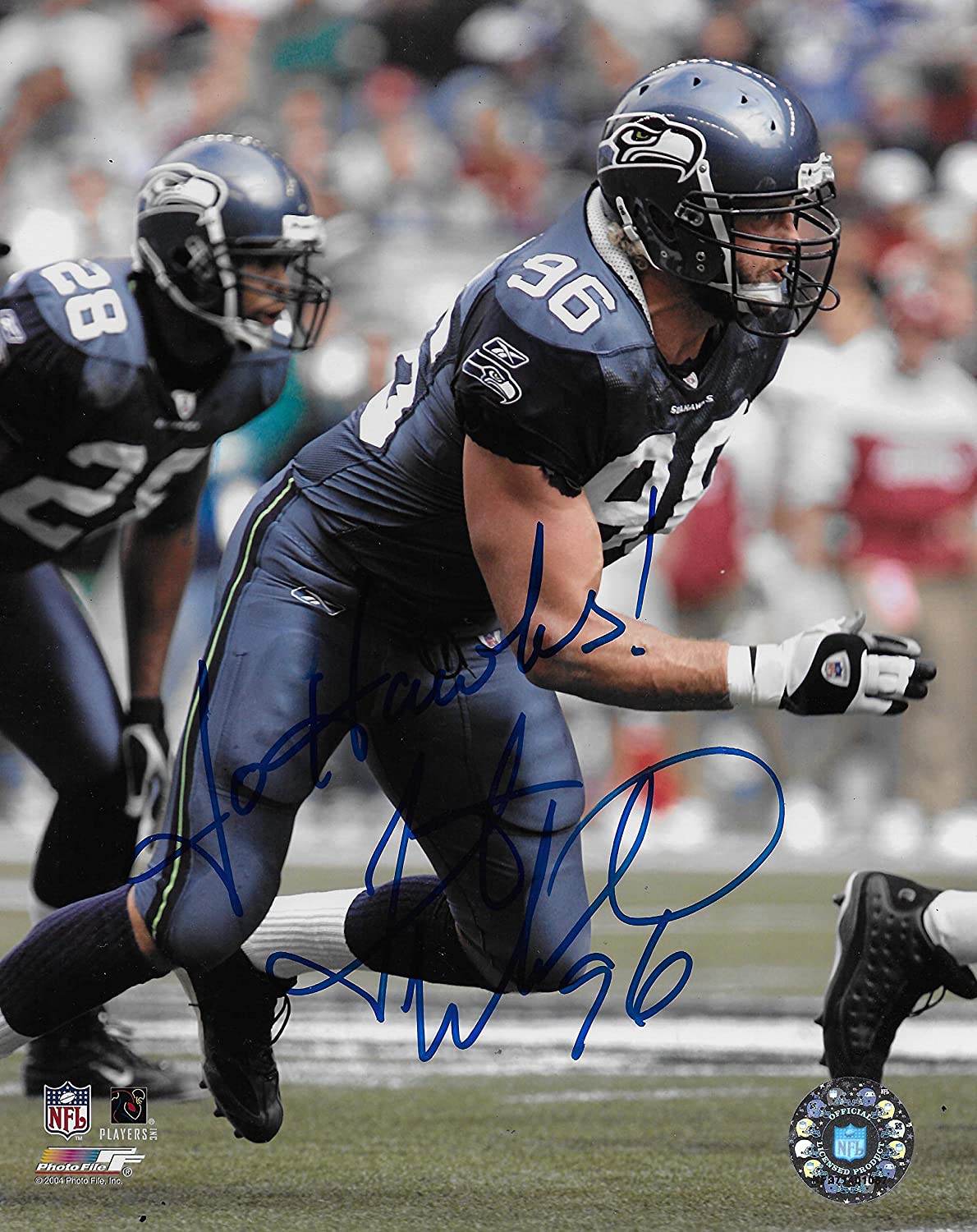 Grant Wistrom Seattle Seahawks signed football 8x10 photo COA