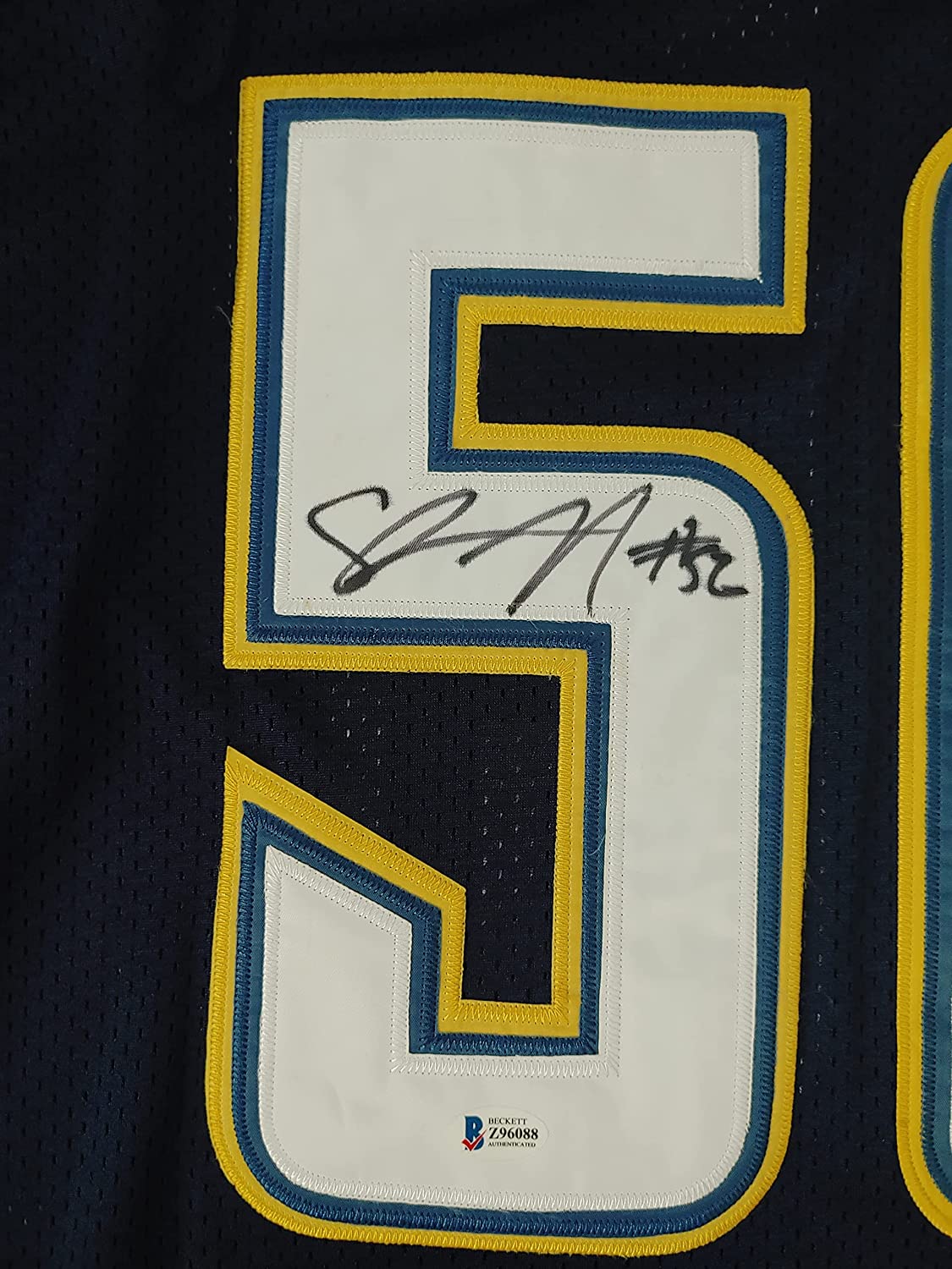 Shawne Merriman signed San Diego Chargers football jersey proof Beckett COA autographed