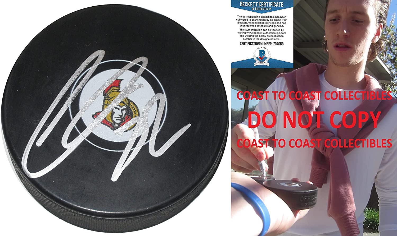 Thomas Chabot signed Ottawa Senators logo Hockey puck exact proof Beckett COA
