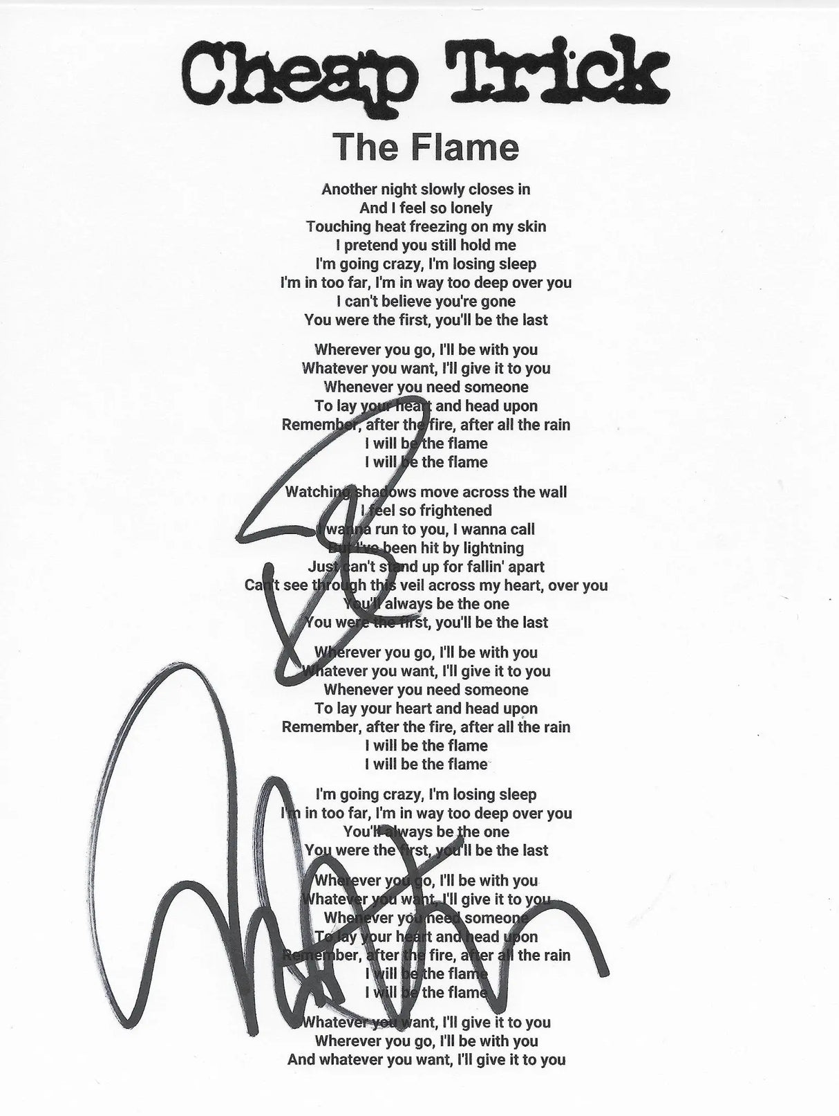 Robin Zander Tom Petersson signed Cheap Tric The Flame Lyrics sheet Proof COA star