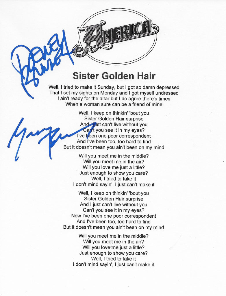 Dewey Bunnell Gerry Beckley signed America Sister Golden Hair Lyrics sheet COA Proof STAR