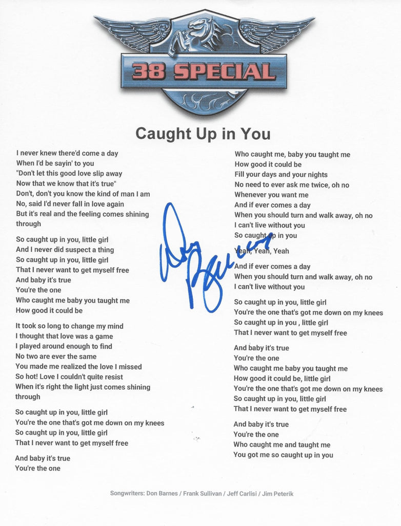 Don Barnes signed 38 Special Hold Caught Up in You Lyrics sheet COA Proof autographed