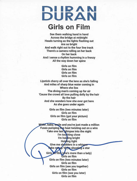 Roger Taylor drummer signed Duran Duran Girls on Film Lyrics sheet COA proof autographed STAR