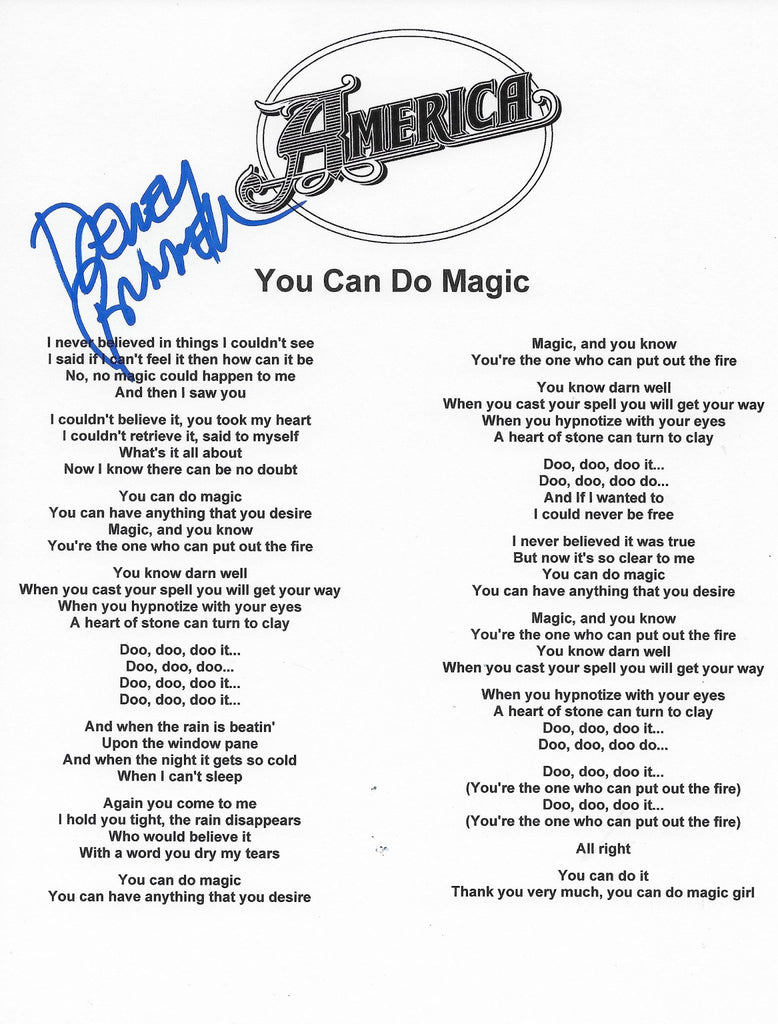 Dewey Bunnell signed America You Can Do Magic Lyrics sheet COA Proof STAR
