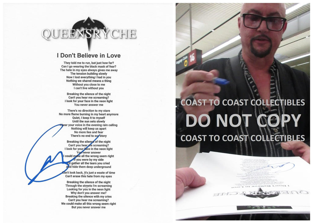 Geoff Tate signed Queesryche I Dont Believe in Love Lyrics sheet proof STAR