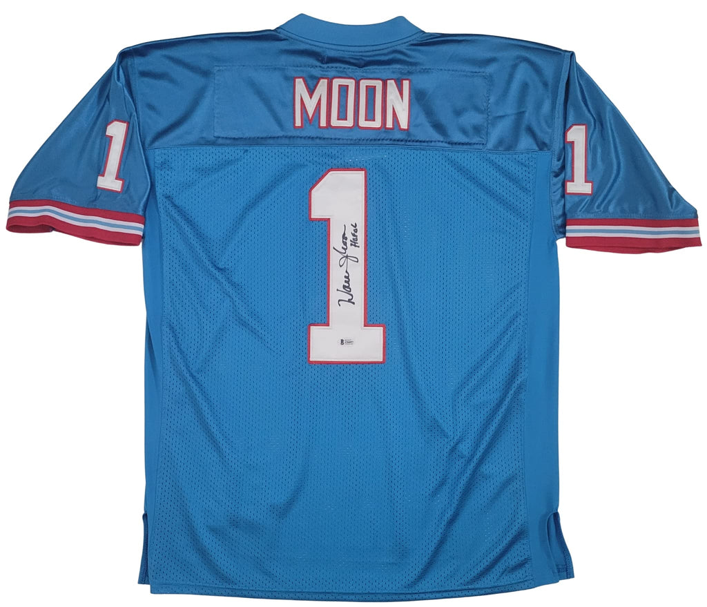Warren Moon signed Houston Oilers football jersey proof Beckett COA autographed