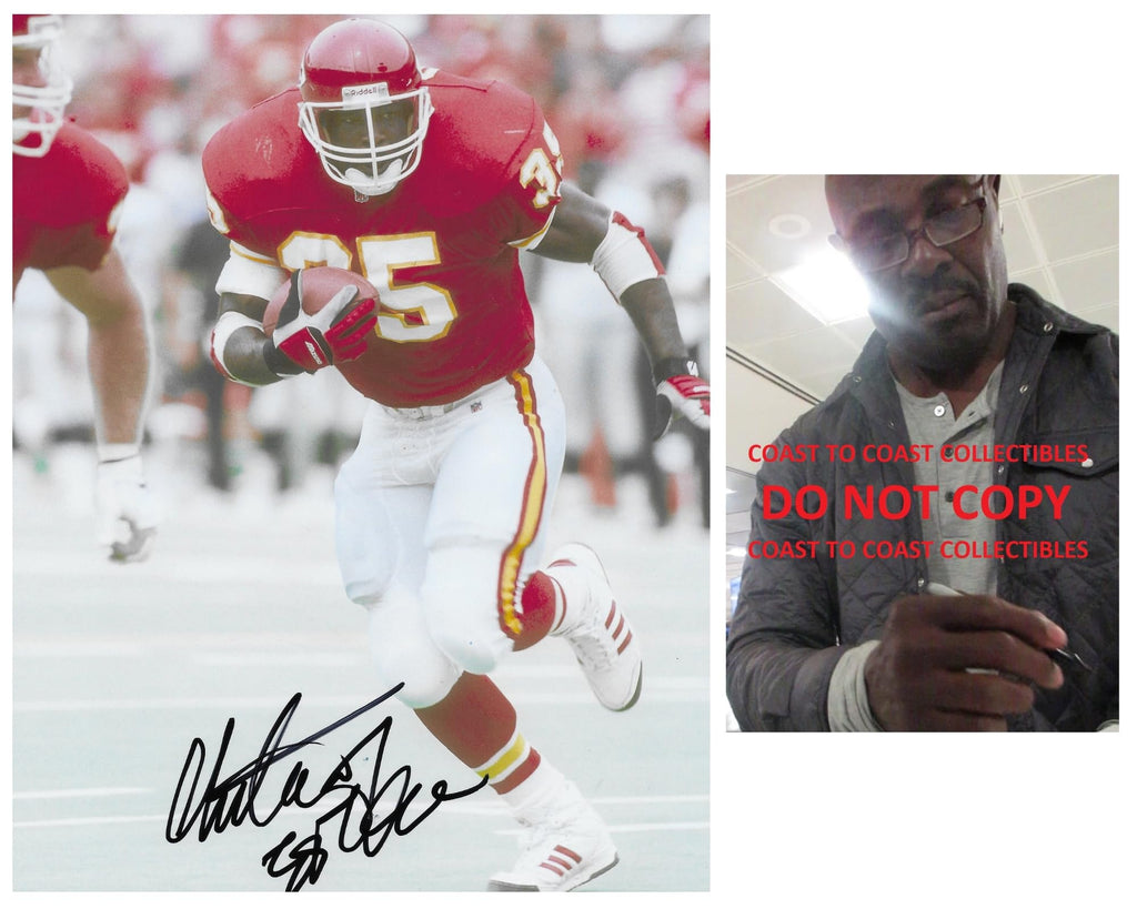 Christian Okoye signed Kansas City Chiefs football 8x10 photo COA proof autographed.